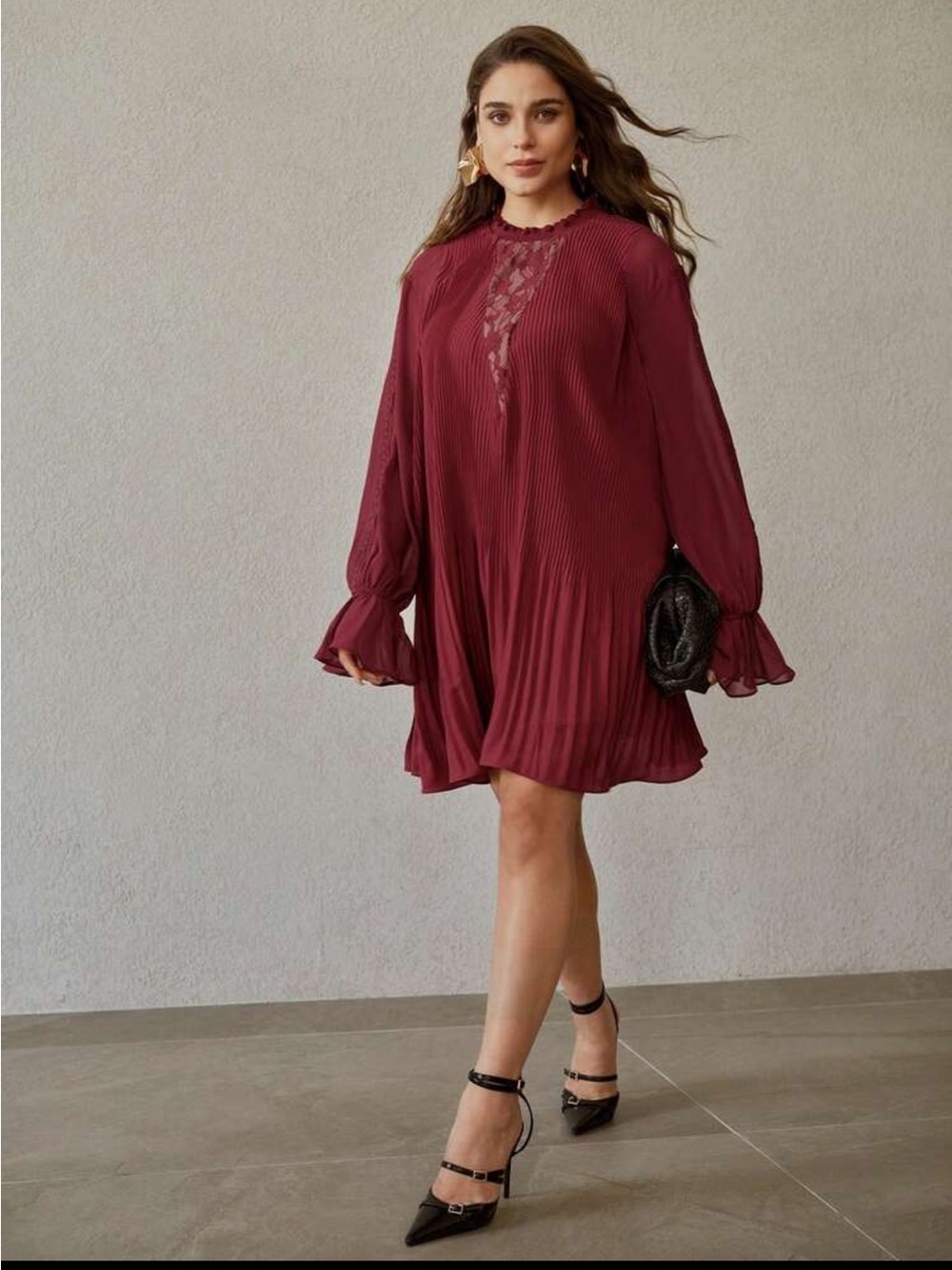 MOTF PREMIUM PLUS AUTUMN LACE PATCHWORK PLEATED A-LINE LONG SLEE 4xl